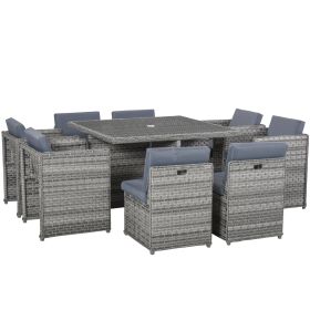 Patio 8-Seater Rattan Dining Table Chair Set Garden Wicker Cube Sofa Furniture w/ Umbrella Hole Table for Indoor & Outdoor Mixed Grey