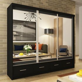 Newry Black Sliding Door Mirrored Large Wardrobe with Drawers - 250cm