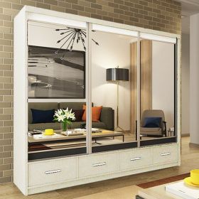 Newry White Sliding Door Mirrored Large Wardrobe with Drawers - 250cm