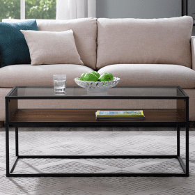 Glass Coffee Table with Brown Wooden Shelf