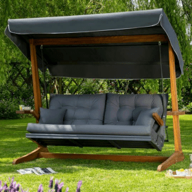 Heavy Duty 3 Seat Garden Grey Hammock Bed with Adjustable Canopy - Iroko Timber