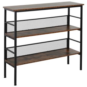 3-Tier Industrial Style Storage Display Shelf Metal Frame Adjustable Feet Back Panels Smooth Surface Home Office Stylish Black Brown
