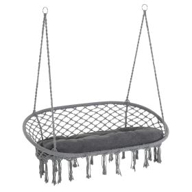Hanging Hammock Chair Cotton Rope Porch Swing with Metal Frame and Cushion, Large Macrame Seat for Garden, Bedroom, Living Room, Dark Grey