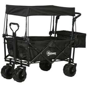 Folding Trolley Cart Storage Wagon Beach Trailer 4 Wheels with Handle Overhead Canopy Cart Push Pull for Camping, Black