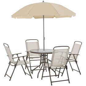 Garden Patio Texteline Folding Chairs Plus Table and Parasol Furniture Bistro Set - Beige (6-Piece)