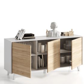 Oak Effect with White 3 Doors Sideboard with Doors and Internal Storage Shelves