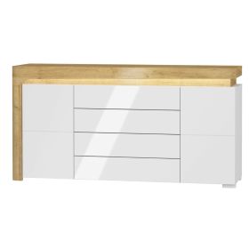 Carole White High Gloss 2 Door Large Sideboard With 4 Drawers and Lights - Oak Effect
