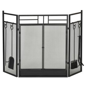 3 Panel Steel Folding Fire Guard with Double Door and Mesh Design - Black