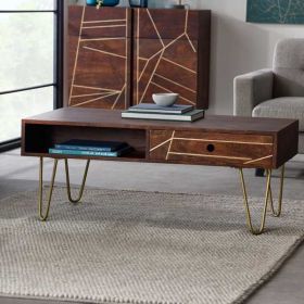Georgina Abstract Style Gold Frame Rectangular Coffee Table with Drawer - Walnut Finish