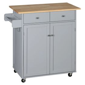 Rolling Kitchen Island on Wheels with Rubber Wood Top, Towel Rack and Storage Drawers - Grey