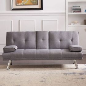 Chrome Legs Fabric Modern 3 Seater Sofabed 2 with Cup Holder - Light Grey