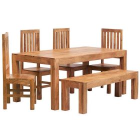 Stella Light Mango Wood 6 FT Dining Set With 4 Wooden Chairs and Bench - Matt Finish