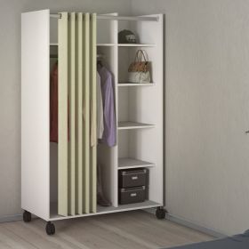 Osken Open Mobile Wardrobe Unit in White with a Beige Textile Curtain on Wheels