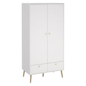 Lynzie Wooden Legs 2 Doors Wardrobe with 2 Drawers - White