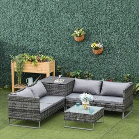 4 PCs Garden Rattan Wicker Outdoor Furniture Patio Corner Sofa Love Seat and Table Set with Cushions Side Desk Storage - Mixed Grey
