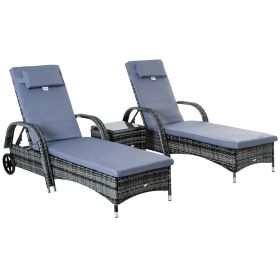 3 Pieces Patio Lounge Chair Set, Garden Wicker Wheeling Recliner Outdoor Daybed, PE Rattan Lounge Chairs w/ Cushions and Side Coffee Table Grey