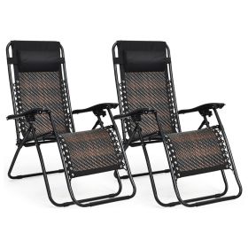 Set of 2 Outdoor Foldable Zero Gravity Reclining Sun Lounger Chair - Brown