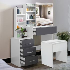 Modern Design Dressing Table Set With Drawer, Mirror and Stool - White and Grey
