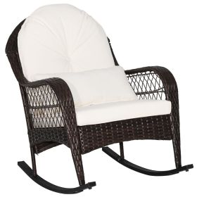 Rattan Patio Wicker Sturdy Rocking Armchair with Off White Cushions and Pillow - Mix Brown