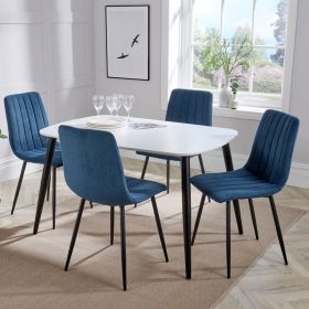 Rectangular White Dining Table Set with 4 Blue Straight Slit Fabric Chair