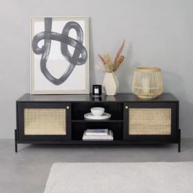 Rattan Design Dark Mango Wood TV Unit 145cm with 2 Doors and Open Shelf - Black