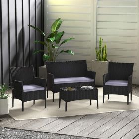 PE Rattan 4pcs Garden Furniture Sofa Set with Chairs, Cushions, Table - Brown, Black, Grey