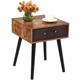 Antique Finish Industrial Wooden Bedside Table with Removable Fabric Drawer - Brown