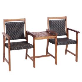 Acacia Wooden 3PCS Furniture Set 2 Seater Table Chairs With Umbrella Hole - Brown