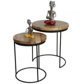 Tracey Industrial Iron Round Nest Of 2 Tables - Light Wood Tone