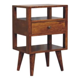 Nordic Style Legs Solid Mango Wood Bedside Table Drawer and Open Shelf - Chestnut