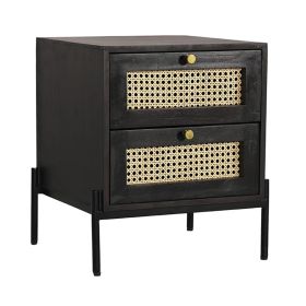 Crosby Rattan Mango Wood Bedside Table with 2 Drawers - Black