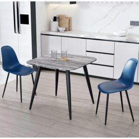 Compact Square Dining Table Set with 2 Blue Curve Chair - Grey Oak Effect
