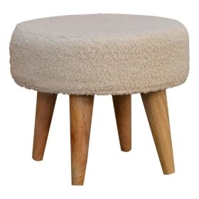 Solid Mango Wood Footstool with Ringed Cotton Cushioned Top - Cream