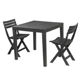 Outdoor Garden Plastic Square Dining Table with 2 Folding Chairs - Black