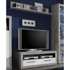 Callam High Gloss 2 Drawer Tv Unit with Wall Mounted Shelf - Grey with White
