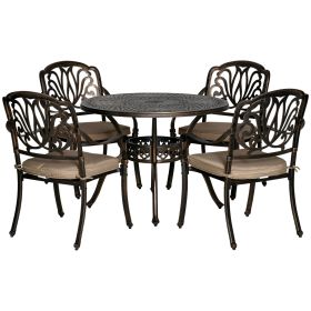 4 Seater Outdoor Dining Set Antique Cast Aluminium Garden Furniture Set with Cushions Round Dining Table with Parasol Hole, Bronze