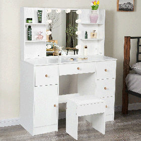 Wadrqua Chic Beauty Hub Dressing Table with Stool Set in 5 Drawers with 10 Lights and Storage Display - White