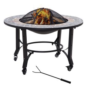 2-in-1 Outdoor Fire Pit on Wheels, Patio Heater with Cooking BBQ Grill, Firepit Bowl with Screen Cover, Fire Poker for Backyard Bonfire