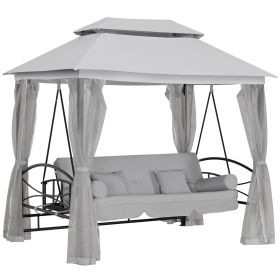 2-in-1 Convertible Swing Chair Bed 3 Seater Hammock Gazebo Patio Bench Cushioned Seat Mesh Curtains - Grey