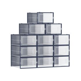 12-Pack Stackable Plastic Shoe Boxes Transparent and Charcoal Blue
