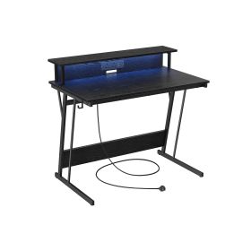 Gaming Desk with LED Lights and Built-In Power Outlets