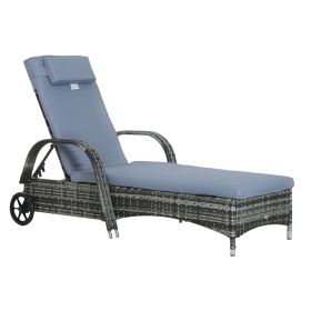 Garden Rattan Furniture Single Sun Lounger Recliner Bed Reclining Chair Patio Outdoor Wicker Weave Adjustable Headrest - Grey