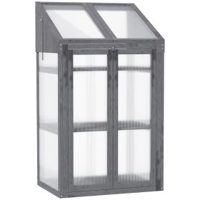 3-Tier Wooden Cold Frame Greenhouse Garden Grow House w/ Polycarbonate Glazing, Openable Lid, 70 x 50 x 120 cm, Grey