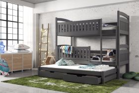 Brenda Wooden 2 Drawers Bunk Bed with Trundle and Foam Mattress - Graphite