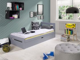 NILOFAR Solid Wooden Single Storage Bed Frame with Foam Mattress - Grey