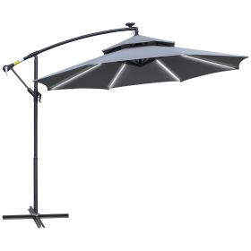 3M Cantilever Banana Parasol Hanging Umbrella with Double Roof, LED Solar lights, Crank, 8 Sturdy Ribs and Cross Base for Outdoor, Garden