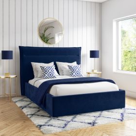 Navy Blue Velvet Bed Frame with Cushioned Headboard - 2 Sizes