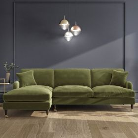 Olive Green 3 Seater L Shaped Sofa in Velvet - Left Hand Facing