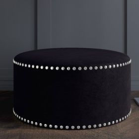Large Black Velvet Pouffe with Studded Detail - Safina