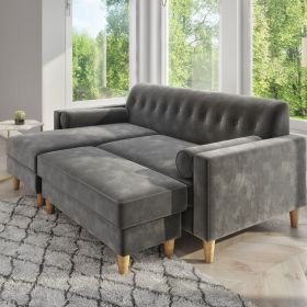 Grey Velvet 3 Seater Corner Sofa with Matching Footstool - Idris 